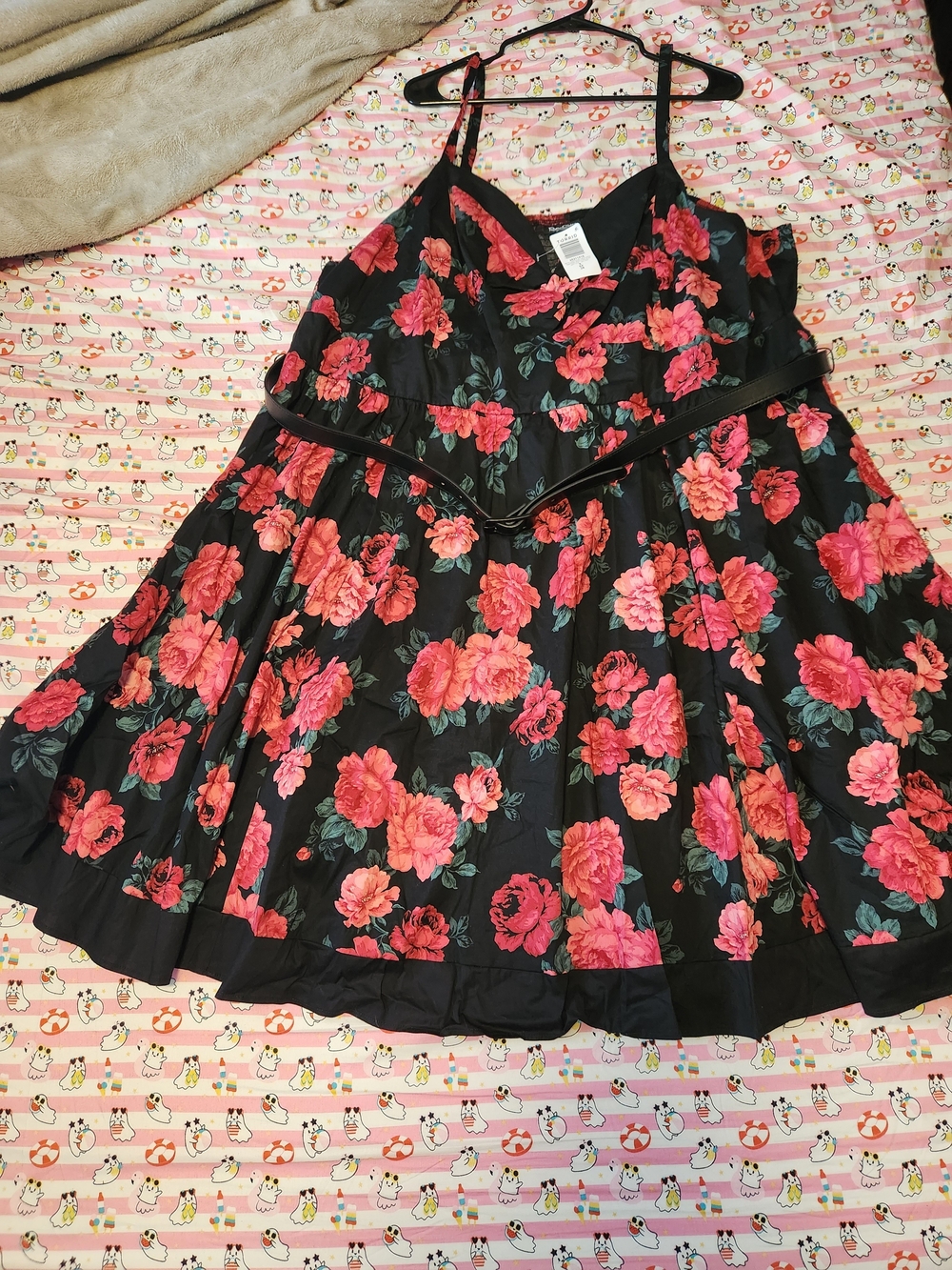 Black Floral Spaghetti Strap Skater Dress with Belt Retro Torrid Size 5